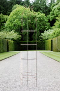 Tall obelisk climbing plant support. Rusty wire frame - Belle Tower seen here at RHS Rosemoor
